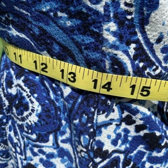 ADRIANNA PAPELL Blue Paisley print scoop neck cap sleeve cotton bodycon sheath - Picture 7 of 10